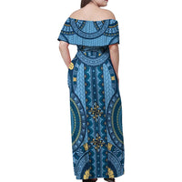 Bula Fiji Vintage Family Matching Off Shoulder Maxi Dress and Hawaiian Shirt Prussian Blue Masi Motifs LT7 - Polynesian Pride