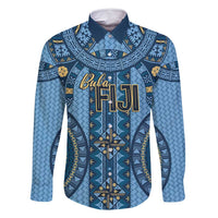 Bula Fiji Vintage Family Matching Off Shoulder Short Dress and Hawaiian Shirt Prussian Blue Masi Motifs LT7 Dad's Shirt - Long Sleeve Prussian Blue - Polynesian Pride