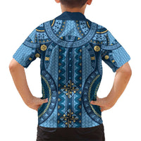 Bula Fiji Vintage Family Matching Short Sleeve Bodycon Dress and Hawaiian Shirt Prussian Blue Masi Motifs LT7 - Polynesian Pride