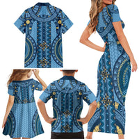 Bula Fiji Vintage Family Matching Short Sleeve Bodycon Dress and Hawaiian Shirt Prussian Blue Masi Motifs LT7 - Polynesian Pride