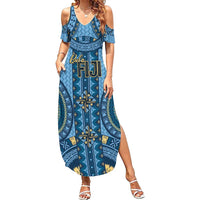Bula Fiji Vintage Family Matching Summer Maxi Dress and Hawaiian Shirt Prussian Blue Masi Motifs LT7 Mom's Dress Prussian Blue - Polynesian Pride