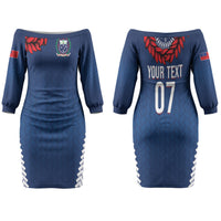 Manu Samoa Rugby Custom Navy Blue Couples Matching Off The Shoulder Long Sleeve Dress and Hawaiian Shirt ʻIe Toga Pattern With Red Ula fala LT7 - Polynesian Pride