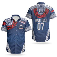 Manu Samoa Rugby Custom Navy Blue Couples Matching Short Sleeve Bodycon Dress and Hawaiian Shirt ʻIe Toga Pattern With Red Ula fala LT7 - Polynesian Pride