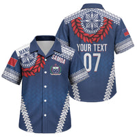 Manu Samoa Rugby Custom Navy Blue Family Matching Long Sleeve Bodycon Dress and Hawaiian Shirt ʻIe Toga Pattern With Red Ula fala LT7 Son's Shirt Navy Blue - Polynesian Pride
