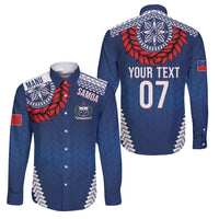 Manu Samoa Rugby Custom Navy Blue Family Matching Short Sleeve Bodycon Dress and Hawaiian Shirt ʻIe Toga Pattern With Red Ula fala LT7 Dad's Shirt - Long Sleeve Navy Blue - Polynesian Pride
