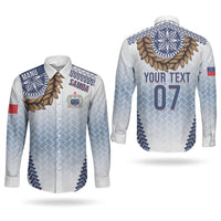 Manu Samoa Rugby Custom White Couples Matching Long Sleeve Bodycon Dress and Long Sleeve Button Shirt ʻIe Toga Pattern With Brown Ula fala LT7 - Polynesian Pride
