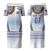 Manu Samoa Rugby Custom White Couples Matching Puletasi and Long Sleeve Button Shirt ʻIe Toga Pattern With Brown Ula fala LT7 - Polynesian Pride