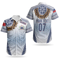 Manu Samoa Rugby Custom White Couples Matching Short Sleeve Bodycon Dress and Hawaiian Shirt ʻIe Toga Pattern With Brown Ula fala LT7 - Polynesian Pride