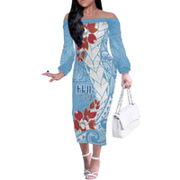 Bula Fiji Day Family Matching Off The Shoulder Long Sleeve Dress and Hawaiian Shirt Tagimaucia on Masi Pattern - Turquoise LT7 Mom's Dress Turquoise - Polynesian Pride