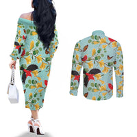 Aloha Hawaii Couples Matching Off The Shoulder Long Sleeve Dress and Long Sleeve Button Shirt I'iwi on Mamane Pastel Turquoise