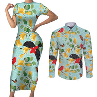 Aloha Hawaii Couples Matching Short Sleeve Bodycon Dress and Long Sleeve Button Shirt I'iwi on Mamane Pastel Turquoise