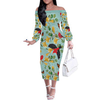 Aloha Hawaii Family Matching Off The Shoulder Long Sleeve Dress and Hawaiian Shirt I'iwi on Mamane Pastel Turquoise LT7 Mom's Dress Turquoise - Polynesian Pride