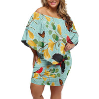 Aloha Hawaii Family Matching Off Shoulder Short Dress and Hawaiian Shirt I'iwi on Mamane Pastel Turquoise LT7 Mom's Dress Turquoise - Polynesian Pride