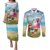 Have Yourself A Beachy Little Christmas Couples Matching Puletasi and Long Sleeve Button Shirt with Santa Chilling - Polynesian Pride