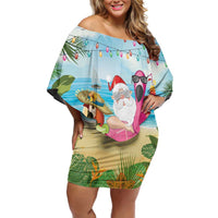 Have Yourself A Beachy Little Christmas Family Matching Off Shoulder Short Dress and Hawaiian Shirt with Santa Chilling LT7 Mom's Dress Colorful - Polynesian Pride