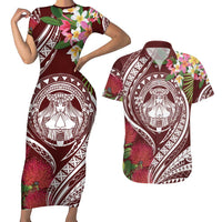 Aloha Hawaii Big Island Couples Matching Short Sleeve Bodycon Dress and Hawaiian Shirt Ohia Lehua Wahine LT7 Red - Polynesian Pride