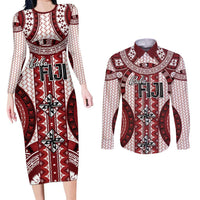 Bula Fiji Vintage Couples Matching Long Sleeve Bodycon Dress and Long Sleeve Button Shirt Scarlet Masi Motifs LT7 Scarlet - Polynesian Pride