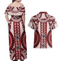 Bula Fiji Vintage Couples Matching Off Shoulder Maxi Dress and Hawaiian Shirt Scarlet Masi Motifs LT7 - Polynesian Pride