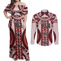 Bula Fiji Vintage Couples Matching Off Shoulder Maxi Dress and Long Sleeve Button Shirt Scarlet Masi Motifs