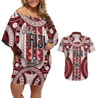 Bula Fiji Vintage Couples Matching Off Shoulder Short Dress and Hawaiian Shirt Scarlet Masi Motifs LT7 Scarlet - Polynesian Pride