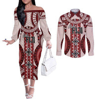 Bula Fiji Vintage Couples Matching Off The Shoulder Long Sleeve Dress and Long Sleeve Button Shirt Scarlet Masi Motifs LT7 Scarlet - Polynesian Pride