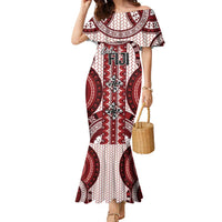 Bula Fiji Vintage Family Matching Mermaid Dress and Hawaiian Shirt Scarlet Masi Motifs LT7 Mom's Dress Scarlet - Polynesian Pride