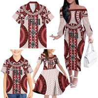 Bula Fiji Vintage Family Matching Off The Shoulder Long Sleeve Dress and Hawaiian Shirt Scarlet Masi Motifs LT7 - Polynesian Pride