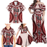 Bula Fiji Vintage Family Matching Off Shoulder Maxi Dress and Hawaiian Shirt Scarlet Masi Motifs LT7 - Polynesian Pride