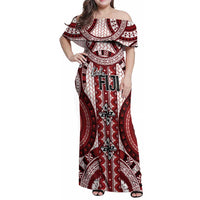 Bula Fiji Vintage Family Matching Off Shoulder Maxi Dress and Hawaiian Shirt Scarlet Masi Motifs LT7 Mom's Dress Scarlet - Polynesian Pride