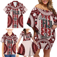 Bula Fiji Vintage Family Matching Off Shoulder Short Dress and Hawaiian Shirt Scarlet Masi Motifs LT7 - Polynesian Pride