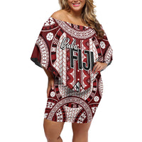 Bula Fiji Vintage Family Matching Off Shoulder Short Dress and Hawaiian Shirt Scarlet Masi Motifs LT7 Mom's Dress Scarlet - Polynesian Pride