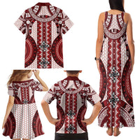 Bula Fiji Vintage Family Matching Tank Maxi Dress and Hawaiian Shirt Scarlet Masi Motifs LT7 - Polynesian Pride