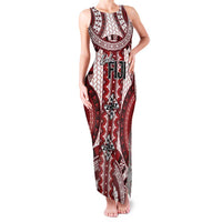 Bula Fiji Vintage Family Matching Tank Maxi Dress and Hawaiian Shirt Scarlet Masi Motifs LT7 Mom's Dress Scarlet - Polynesian Pride