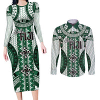 Bula Fiji Vintage Couples Matching Long Sleeve Bodycon Dress and Long Sleeve Button Shirt Phthalo Green Masi Motifs LT7 Phthalo Green - Polynesian Pride