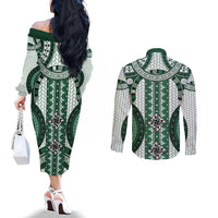 Bula Fiji Vintage Couples Matching Off The Shoulder Long Sleeve Dress and Long Sleeve Button Shirt Phthalo Green Masi Motifs LT7 - Polynesian Pride