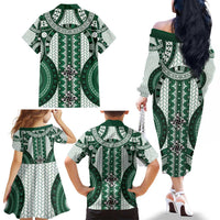 Bula Fiji Vintage Family Matching Off The Shoulder Long Sleeve Dress and Hawaiian Shirt Phthalo Green Masi Motifs LT7 - Polynesian Pride