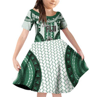 Bula Fiji Vintage Family Matching Off Shoulder Short Dress and Hawaiian Shirt Phthalo Green Masi Motifs LT7 Daughter's Dress Phthalo Green - Polynesian Pride