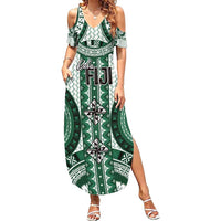 Bula Fiji Vintage Family Matching Summer Maxi Dress and Hawaiian Shirt Phthalo Green Masi Motifs LT7 Mom's Dress Phthalo Green - Polynesian Pride