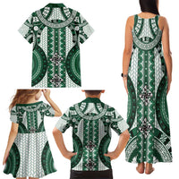 Bula Fiji Vintage Family Matching Tank Maxi Dress and Hawaiian Shirt Phthalo Green Masi Motifs LT7 - Polynesian Pride