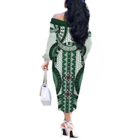 Bula Fiji Vintage Off The Shoulder Long Sleeve Dress Phthalo Green Masi Motifs
