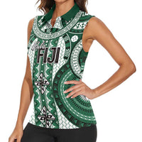 Bula Fiji Vintage Women Sleeveless Polo Shirt Phthalo Green Masi Motifs