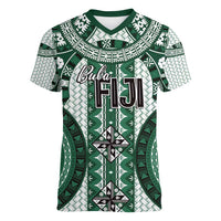 Bula Fiji Vintage Women V-Neck T-Shirt Phthalo Green Masi Motifs