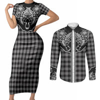 Hawai'i Paniolo Motif Black Couples Matching Short Sleeve Bodycon Dress and Long Sleeve Button Shirt Floral Palaka Print LT7 Black - Polynesian Pride