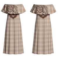 Hawai'i Paniolo Motif Leather Brown Couples Matching Off Shoulder Maxi Dress and Hawaiian Shirt Floral Palaka Print LT7 - Polynesian Pride
