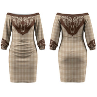 Hawai'i Paniolo Motif Leather Brown Couples Matching Off The Shoulder Long Sleeve Dress and Long Sleeve Button Shirt Floral Palaka Print LT7 - Polynesian Pride