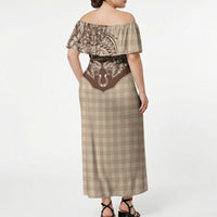 Hawai'i Paniolo Motif Leather Brown Off Shoulder Maxi Dress Floral Palaka Print LT7 - Polynesian Pride