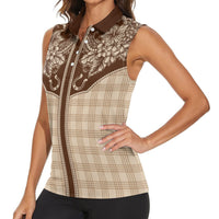 Hawai'i Paniolo Motif Leather Brown Women Sleeveless Polo Shirt Floral Palaka Print LT7 - Polynesian Pride