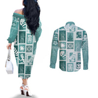 Hawaii Christmas Retro Patchwork Couples Matching Off The Shoulder Long Sleeve Dress and Long Sleeve Button Shirt Teal LT7 - Polynesian Pride