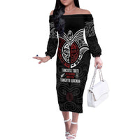 Maori Hongi Toitu Te Tiriti Family Matching Off The Shoulder Long Sleeve Dress and Hawaiian Shirt Tangata Tiriti Stand With Tangata Whenua LT7 Mom's Dress Black - Polynesian Pride
