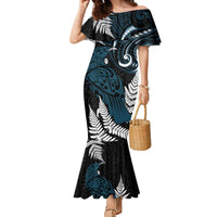 New Zealand Tui Bird Family Matching Mermaid Dress and Hawaiian Shirt Maori Kowhaiwhai LT7 Mom's Dress Teal - Polynesian Pride